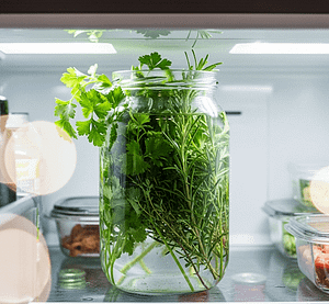 herbs in jar of water in fridge photo